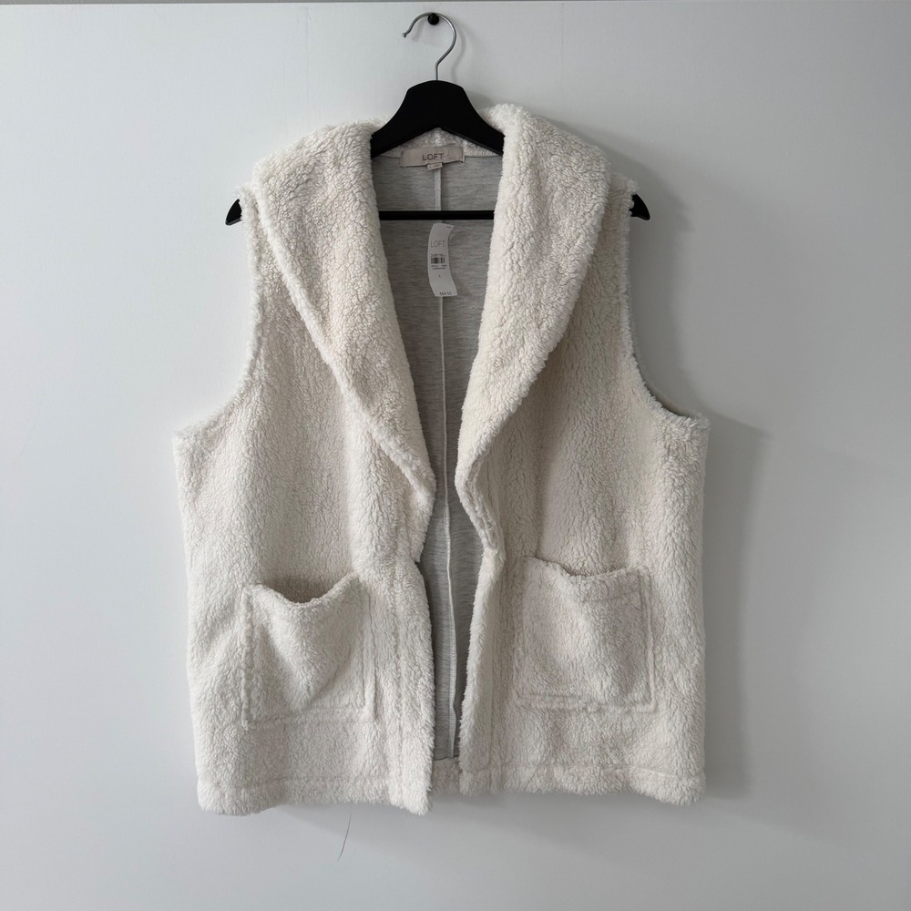 Loft Women Cream Sherpa Faux Shearling Open Front Vest Pockets Size L NWT